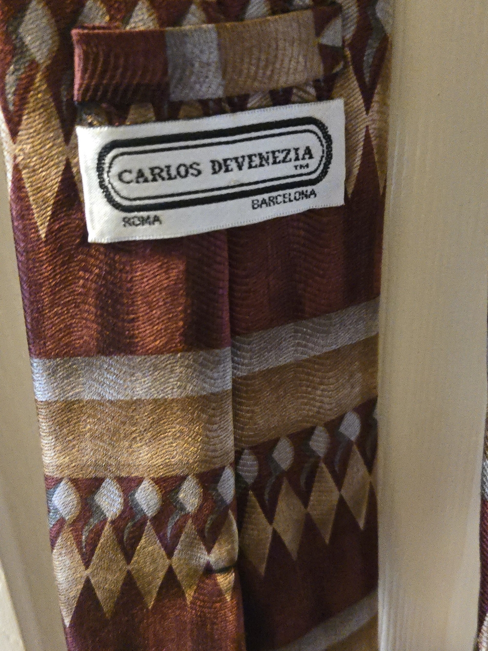Carlos DeVenezia Striped & Diamond Pattern Silk Tie in Burgundy, Gold & Silver